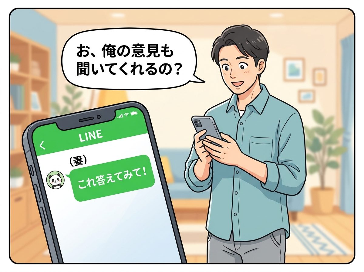 夫のスマホにLINEが届いて回答する様子