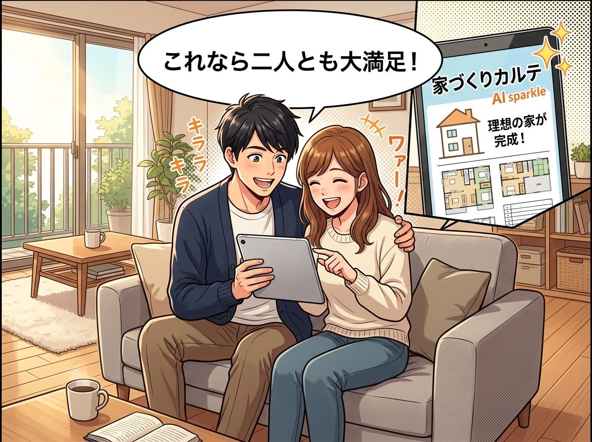 AIがカルテを出力し夫婦で笑顔で喜ぶ様子