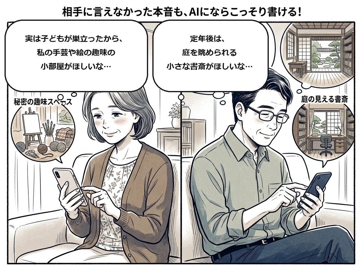 夫婦それぞれが相手に遠慮していた本音（妻の手芸部屋、夫の庭の見える書斎）を入力する様子