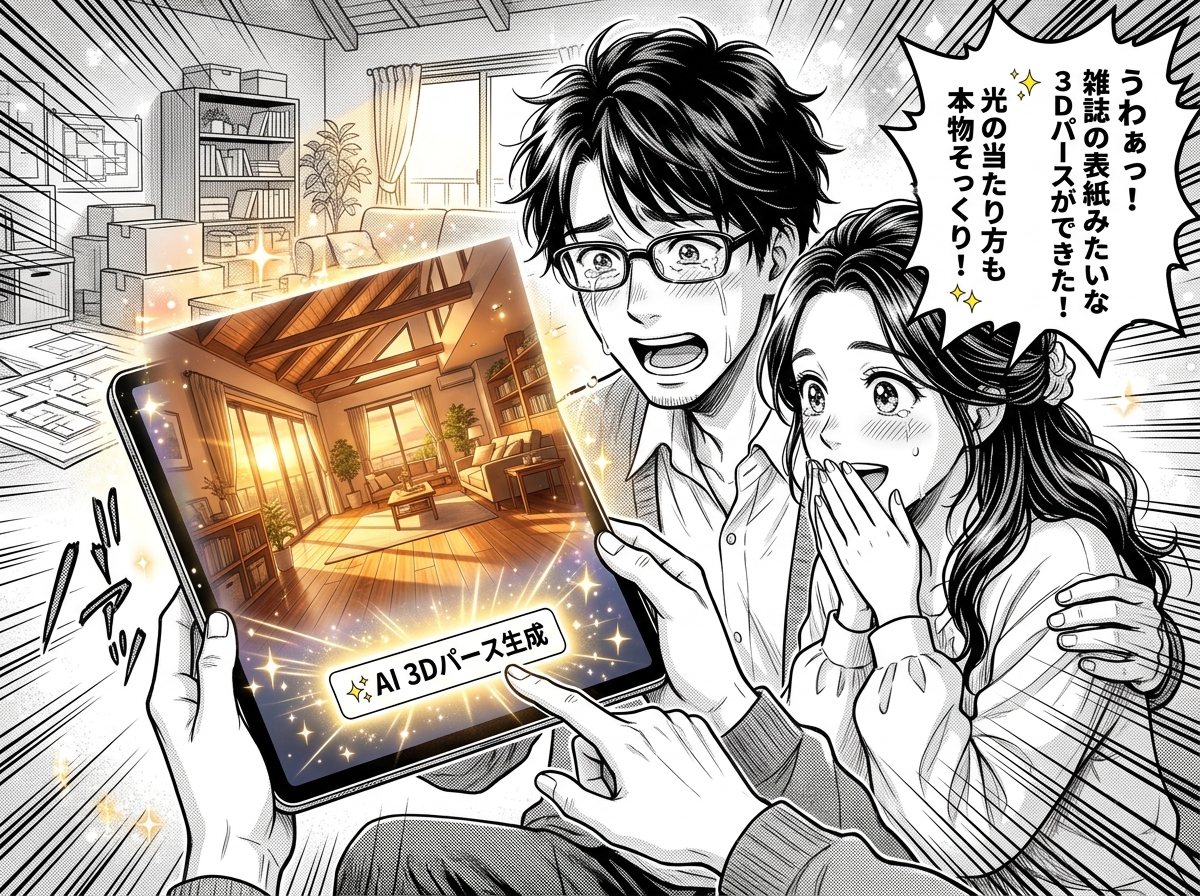 AIパース生成ボタンを押して雑誌表紙クオリティのパースが立ち現れ感動する様子