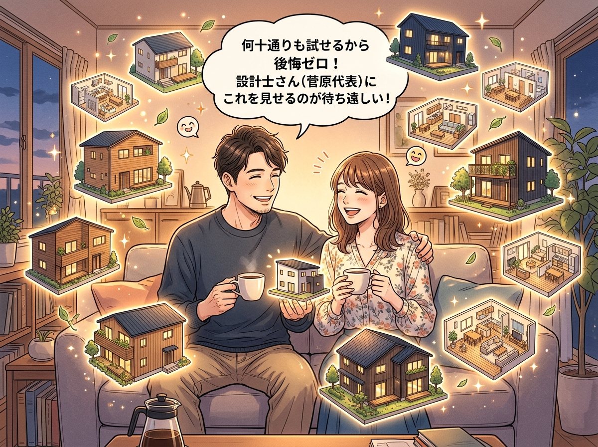 夜のリビングで何十枚ものパースを比較しながら笑顔で語り合う夫婦